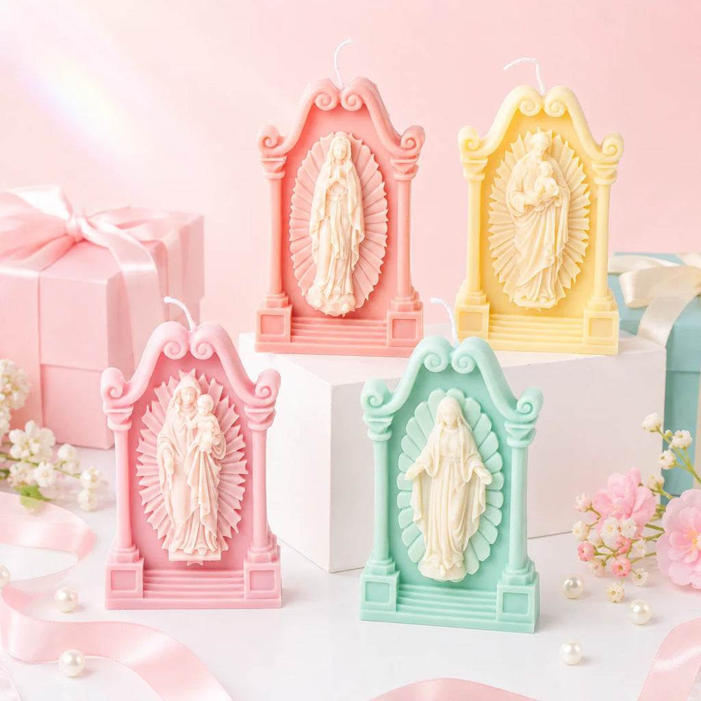 Four pastel shrine casting examples with standing religious figures and ornate scroll-top frames