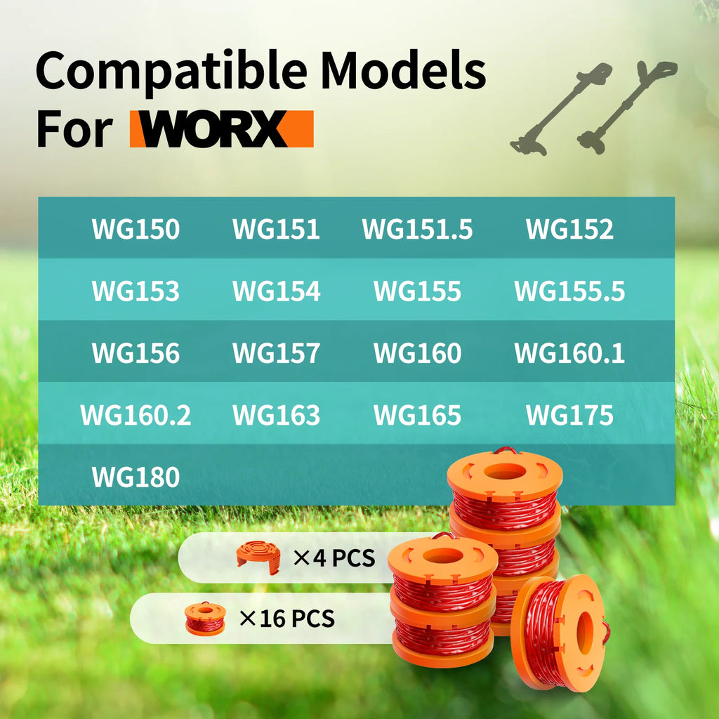 Compatibility chart for WORX string trimmer wire models with grass background