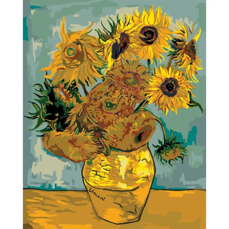 Painting of sunflowers in a vase on a textured surface