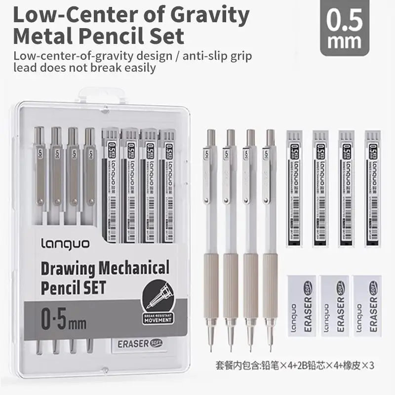 Mechanical Pencil Set, 4 Metal HB Pencils, 80 Lead Refills & Case