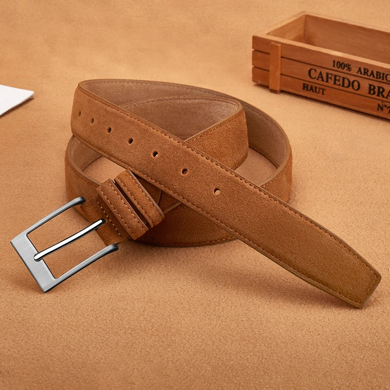 Men's Suede Leather Belt Silver Pin Buckle Vintage Style for Jeans & Chinos