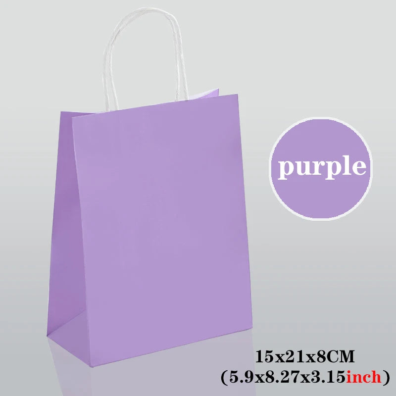 Purple gift bag with dimensions and color swatch on a gray background