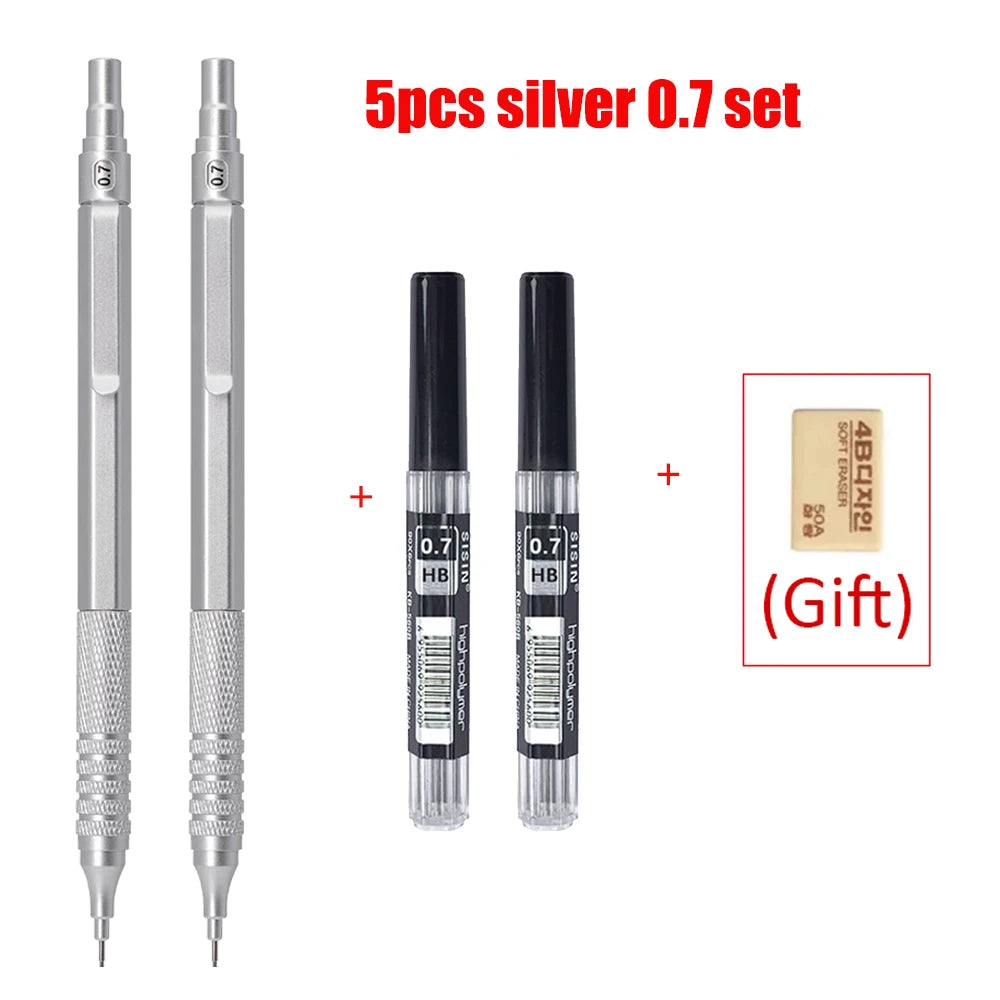 Mechanical Pencil Set, 5 Piece Metal — 0.5 to 2.0mm, Black or Silver