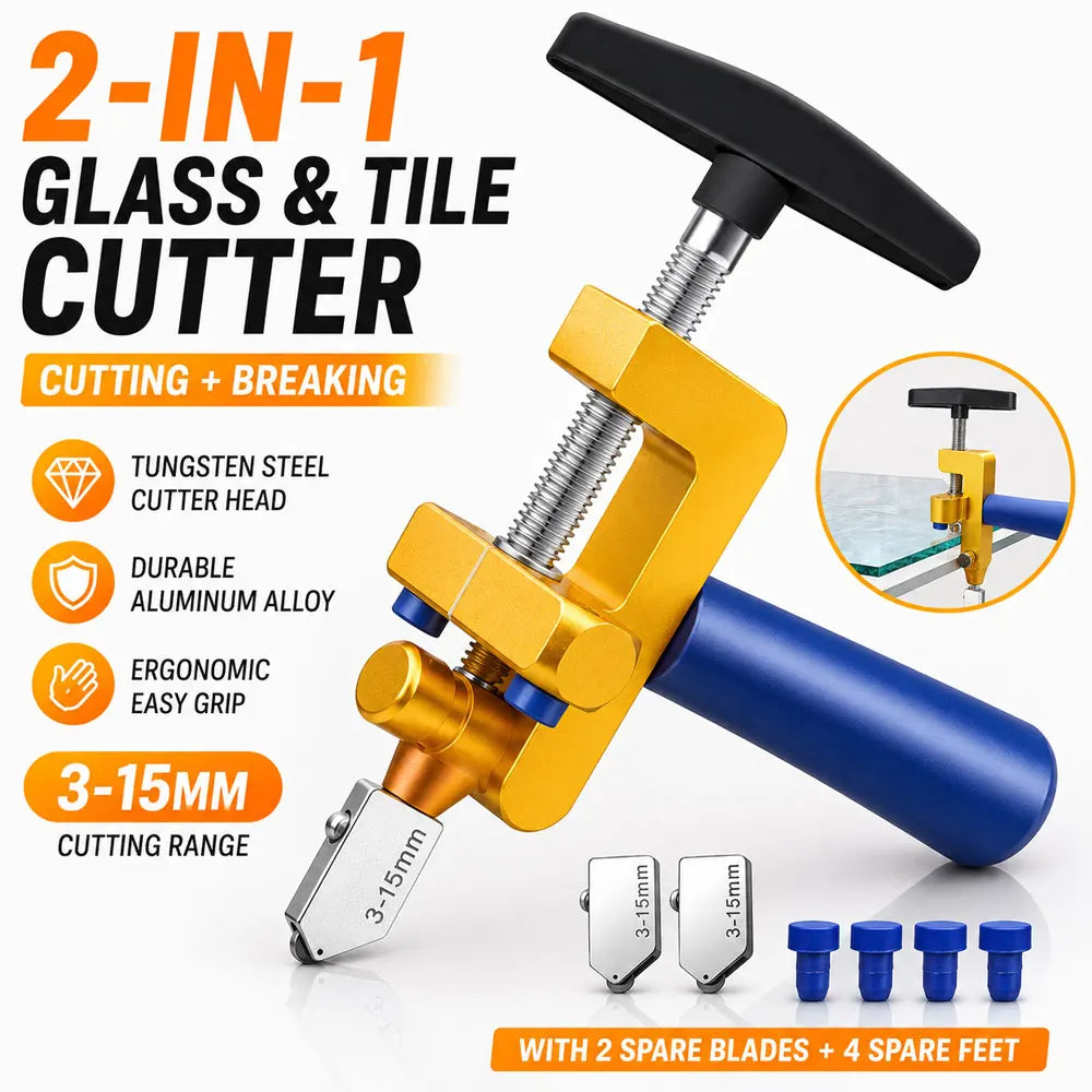 A 2-in-1 glass and tile cutter tool with a black handle, gold metal body, and blue grip handle, shown with multiple silver blades and blue accessories on a white background with promotional text.