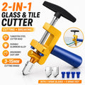 A 2-in-1 glass and tile cutter tool with a black handle, gold metal body, and blue grip handle, shown with multiple silver blades and blue accessories on a white background with promotional text.