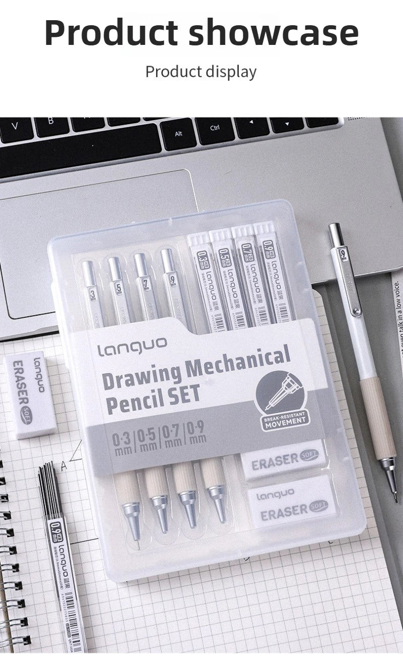 LANGUO Metal Mechanical Pencil Set with Leads & Eraser — 0.3 to 0.9mm