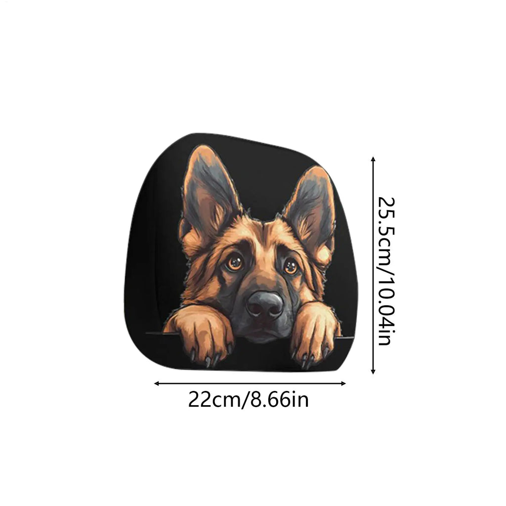A car seat headrest cover featuring a printed illustration of a German Shepherd peeking over the edge, shown with dimension markings of 22cm by 25.5cm on a plain white background.