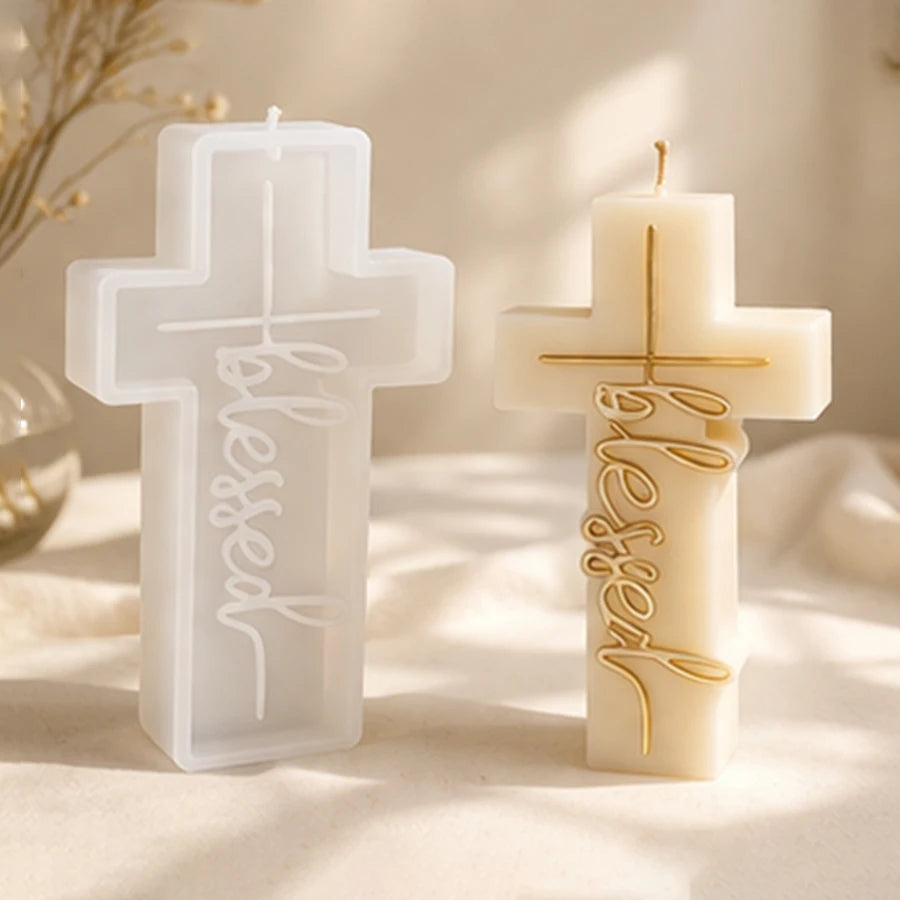 White cross silicone mold beside an ivory Blessed cross example candle