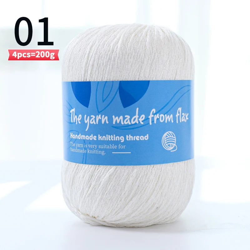 White linen lace yarn skein, color code 01, with a blue flax label and four-skein pack marking.