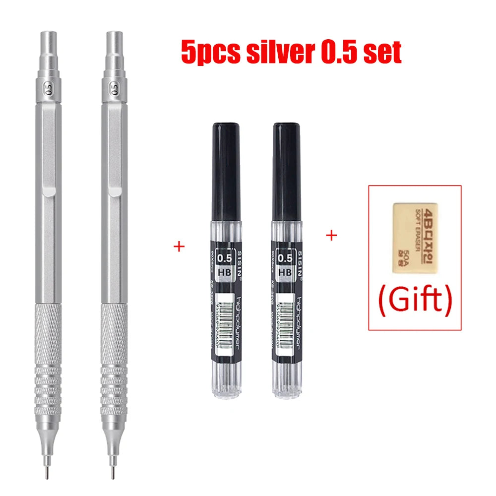 5-Piece Metal Mechanical Pencil Set — 0.5 to 2.0mm, Black or Silver