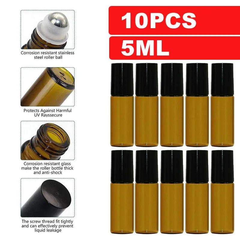 Roll-On Bottles Empty Amber Glass Refillable Sample Vials 10 Pack