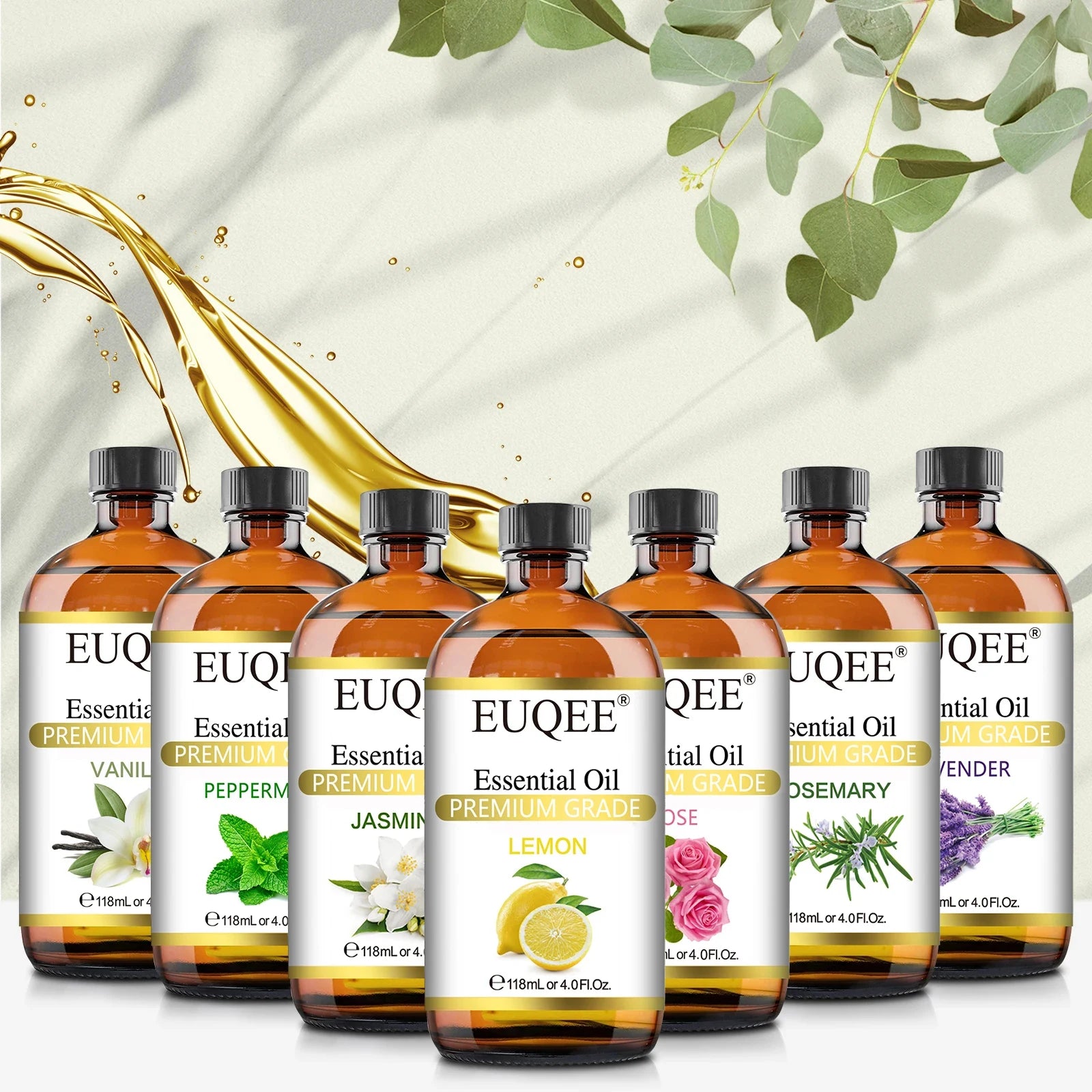 EUQEE 118ML Lavender Jasmine Eucalyptus Vanilla Peppermint Essential Oils with Glass Dropper For Humidifier Candle Making