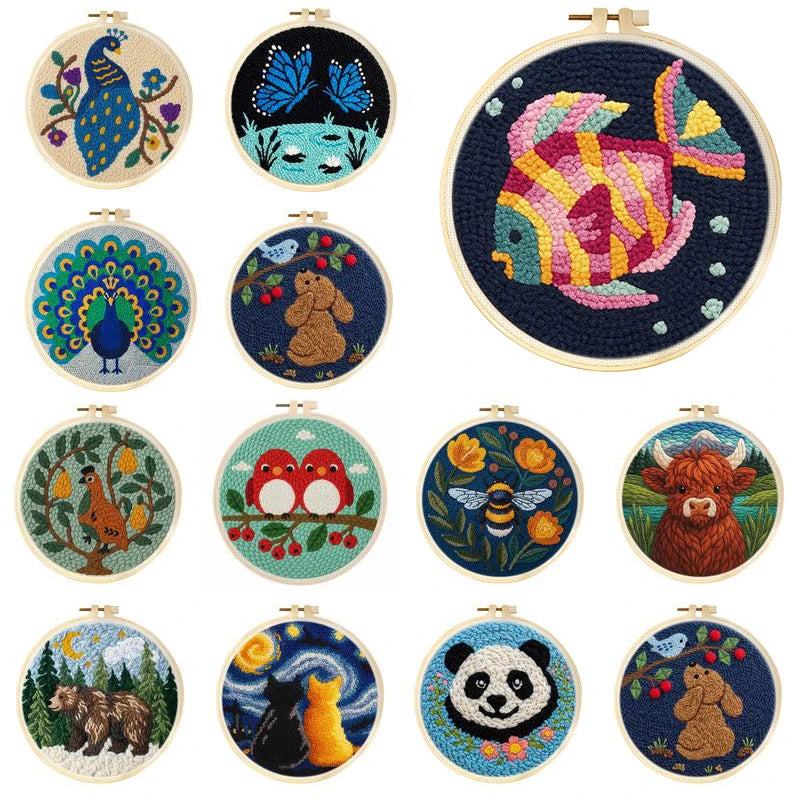 Punch Needle Kit, Cartoon Animals with Hoop for Beginner Yarn Crafts