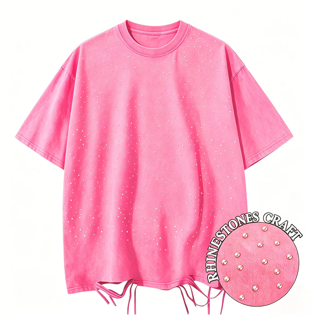 T-Shirt Unisex Rhinestone Acid Wash 100% Cotton Retro Punk Loose Hip Hop Tee