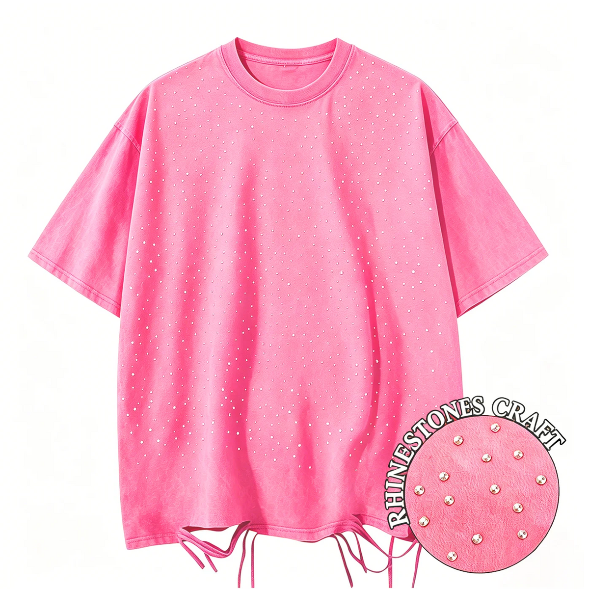 T-Shirt Unisex Rhinestone Acid Wash 100% Cotton Retro Punk Loose Hip Hop Tee
