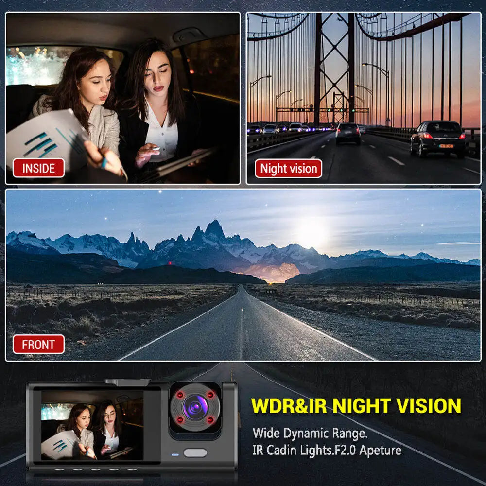 Collage of a car dashboard camera showing night vision, inside view, and scenic road views with text 'WDR&IR NIGHT VISION'.