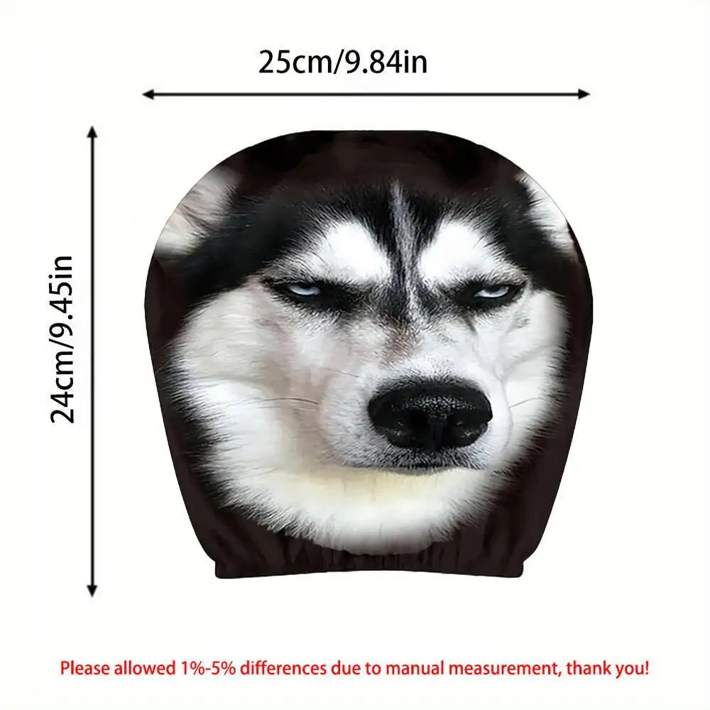 A headrest cover with a printed husky face design, shown with measurement arrows and text indicating dimensions of 25cm by 24cm on a white background.