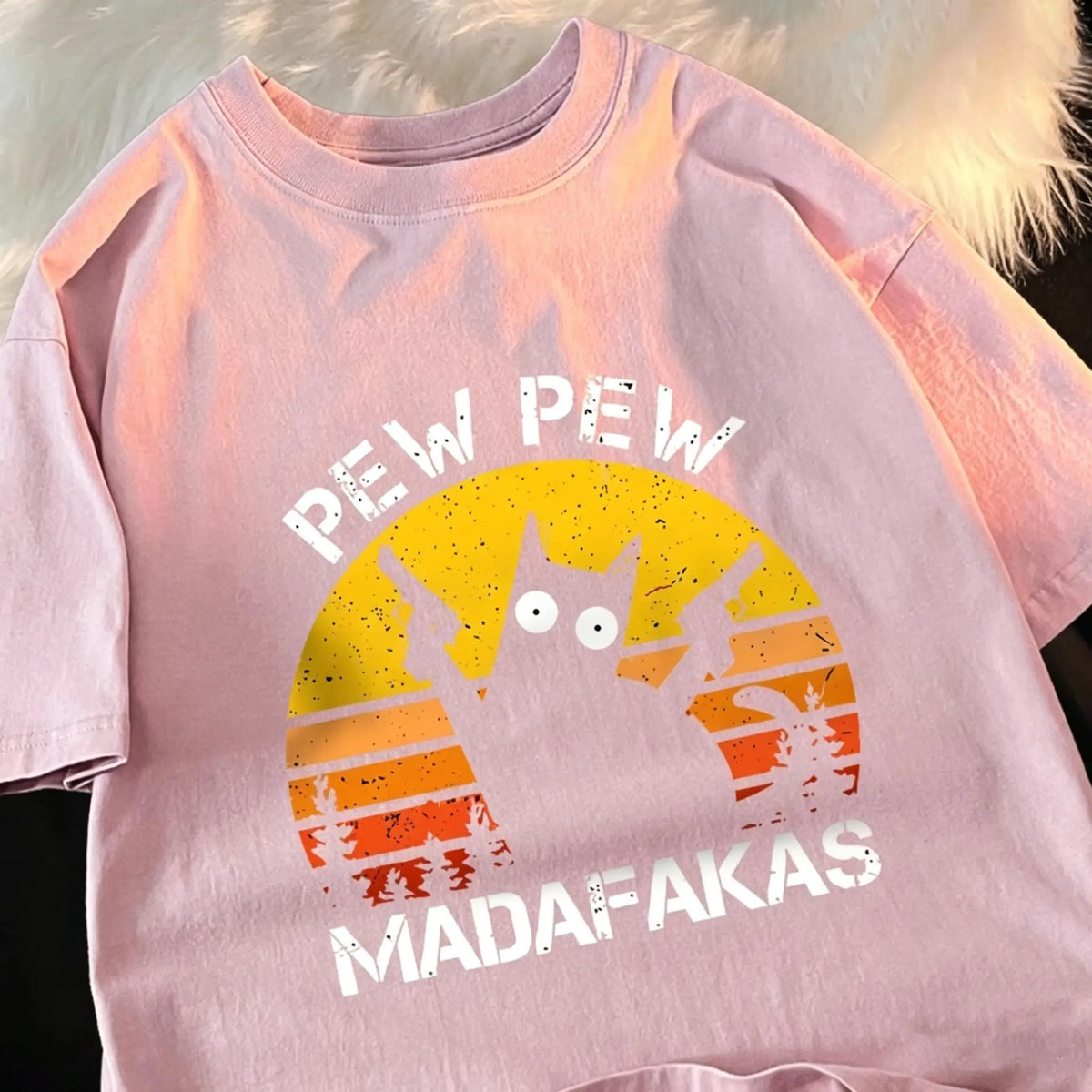 T-Shirt Unisex Pew Pew Madafakas Black Cat Retro Sunset Funny Graphic Tee