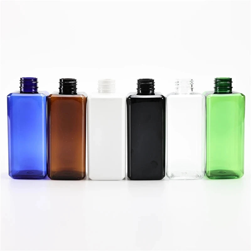 Six uncapped square PET bottles showing threaded necks in assorted colors