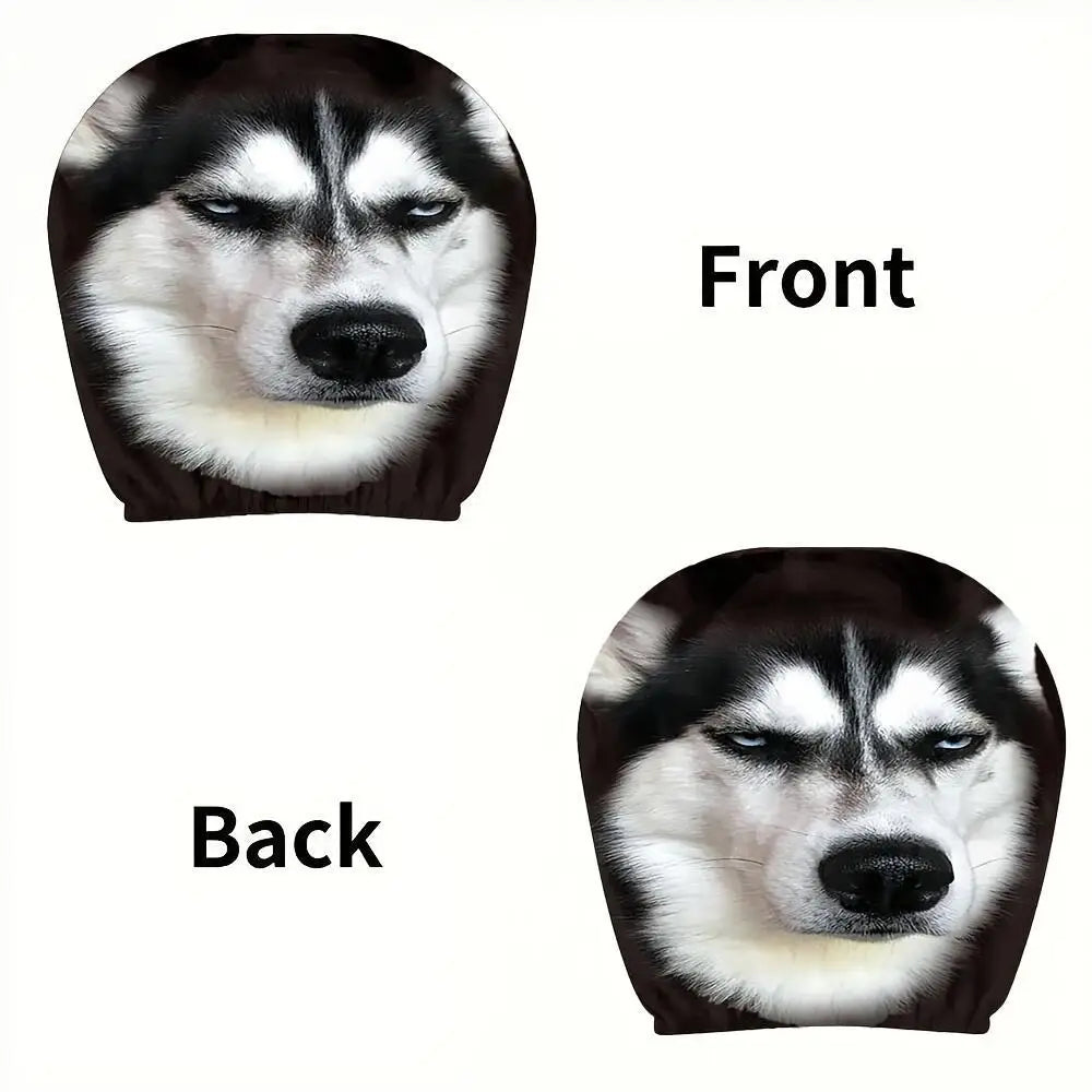 Front and back views of a novelty toilet paper holder cover featuring a printed husky face design, shown on a plain white background with 'Front' and 'Back' labels.