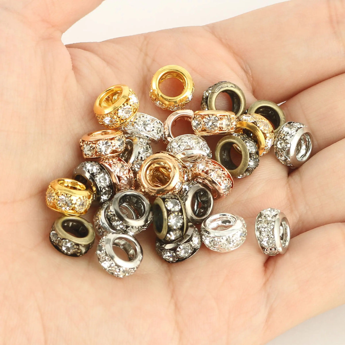 Metal Beads Rhinestone Large-Hole Round Rondelle for DIY Jewelry Making