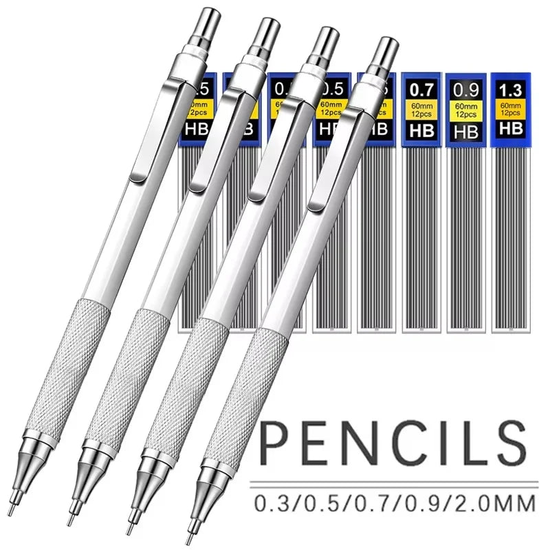 Metal Mechanical Pencil, Anti-Slip Grip — 0.3 to 2.0mm + Lead Refills
