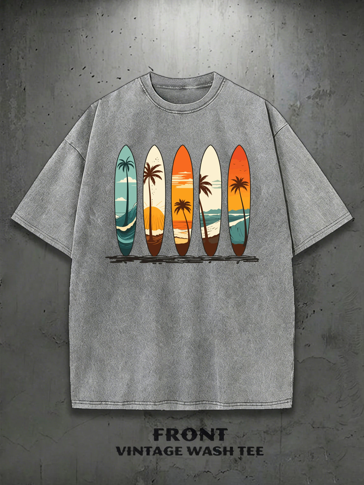 T-Shirt Surfboard Retro Surf Coconut Tree Vintage Wash Graphic Tee