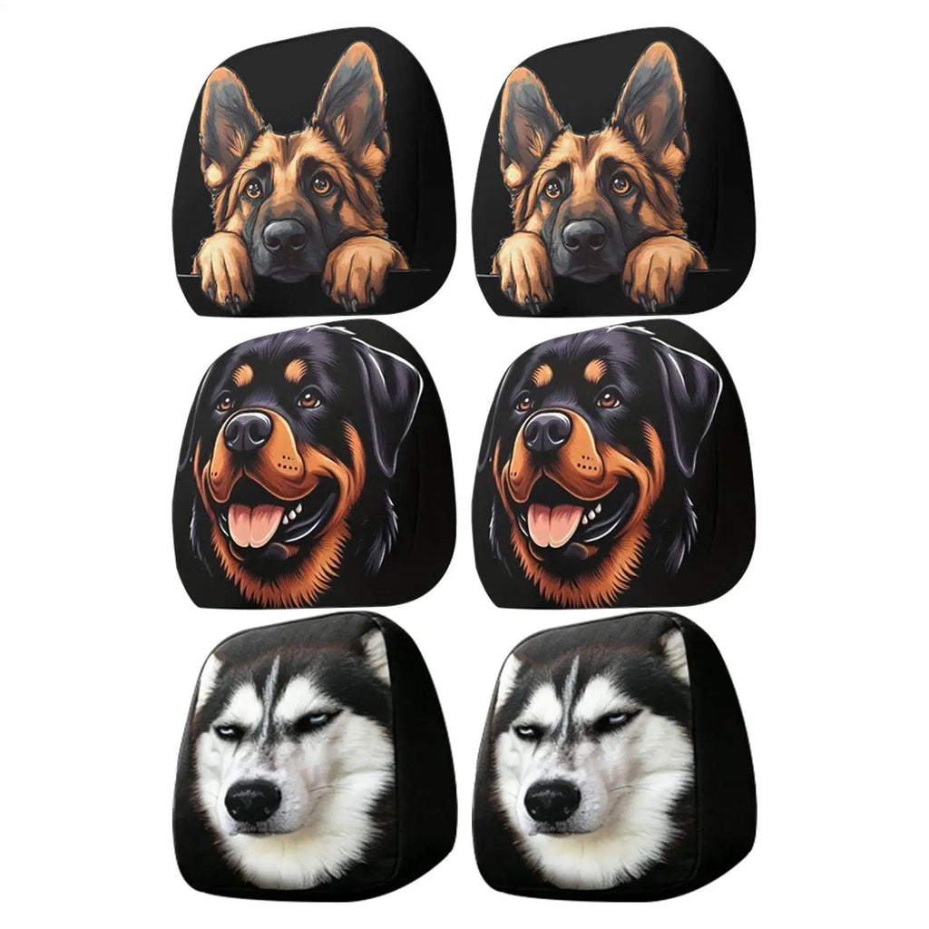 Six dog headrest car seat covers arranged in a 3x2 grid on a white background, featuring German Shepherd, Rottweiler, and Husky designs on a black base.