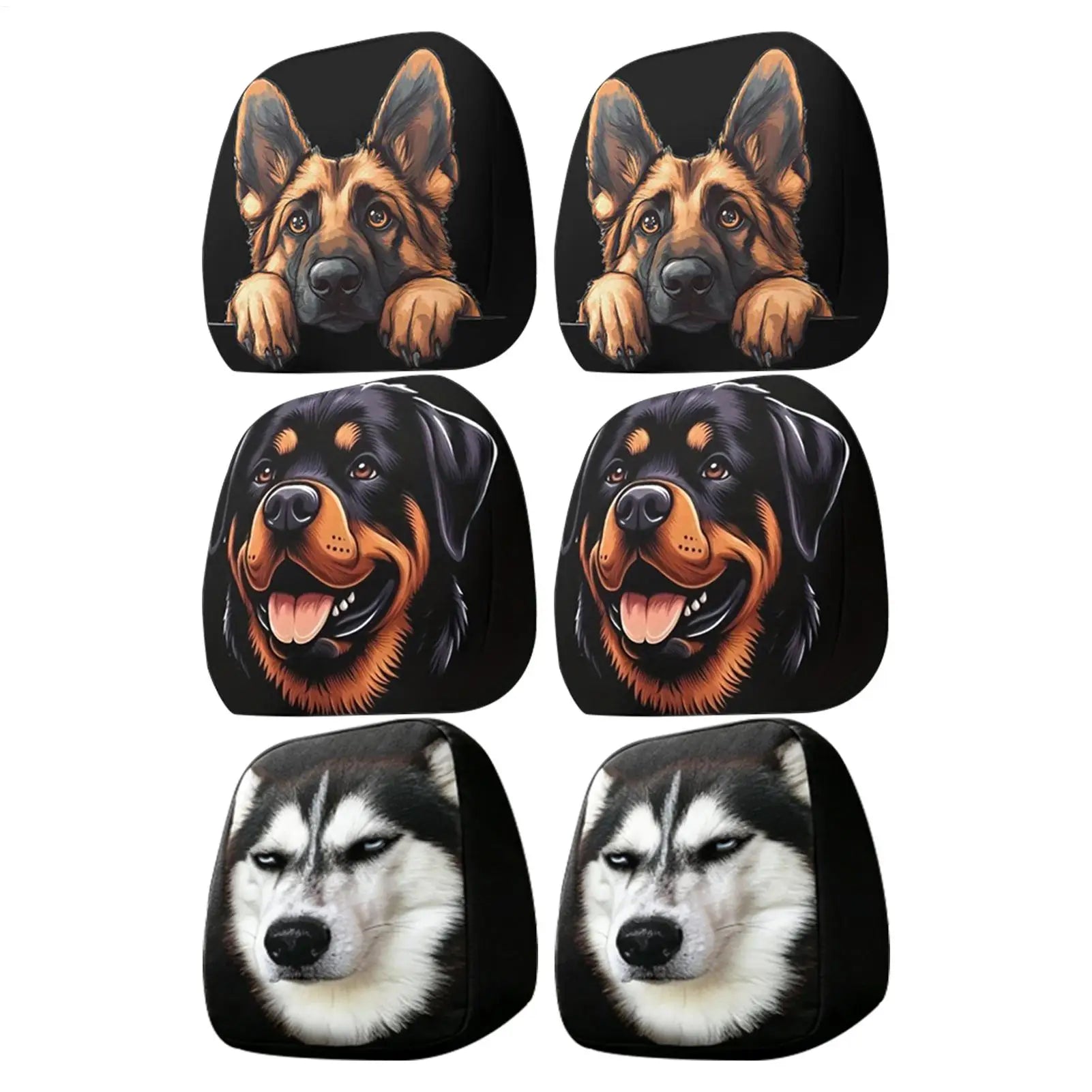 Six dog headrest car seat covers arranged in a 3x2 grid on a white background, featuring German Shepherd, Rottweiler, and Husky designs on a black base.