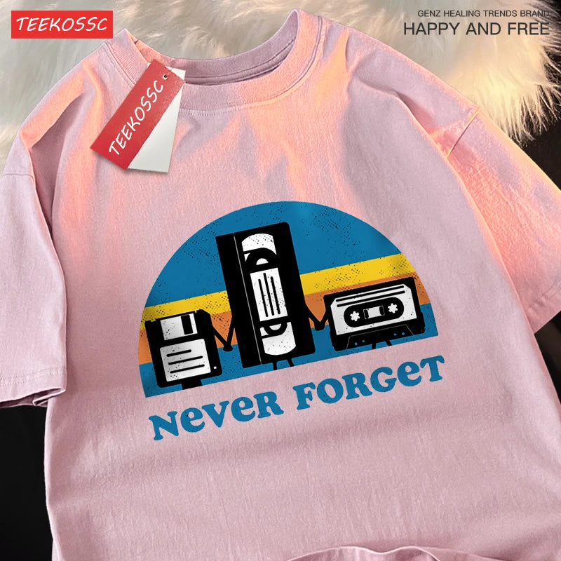T-Shirt Unisex Never Forget Retro Tech Floppy VHS Cassette Vintage Graphic Tee