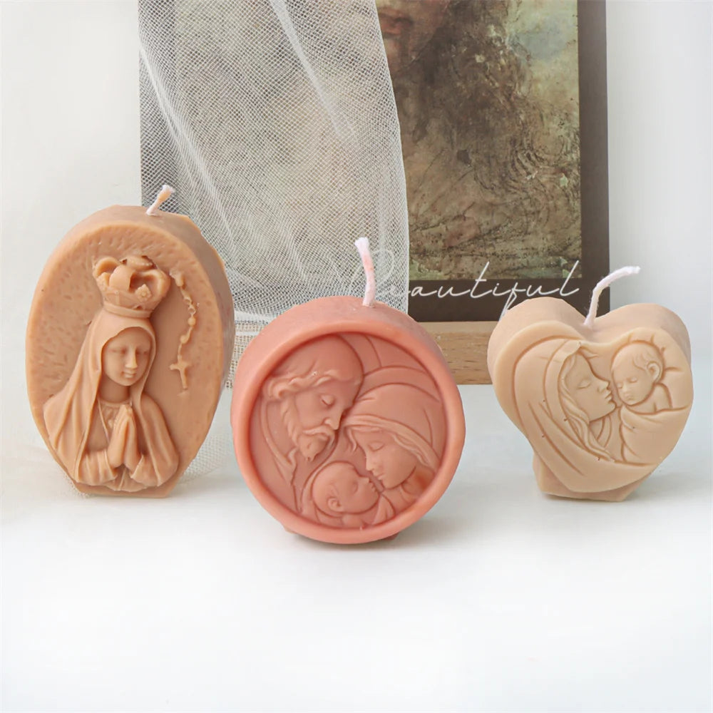 Oval crowned Virgin Mary, round Holy Family and heart-shaped mother-and-child example candles