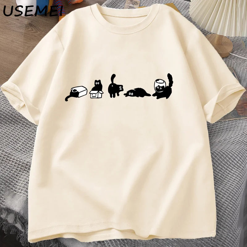 T-Shirt Five Mood Cats Funny Black Cat Graphic Cotton Short Sleeve Oversized