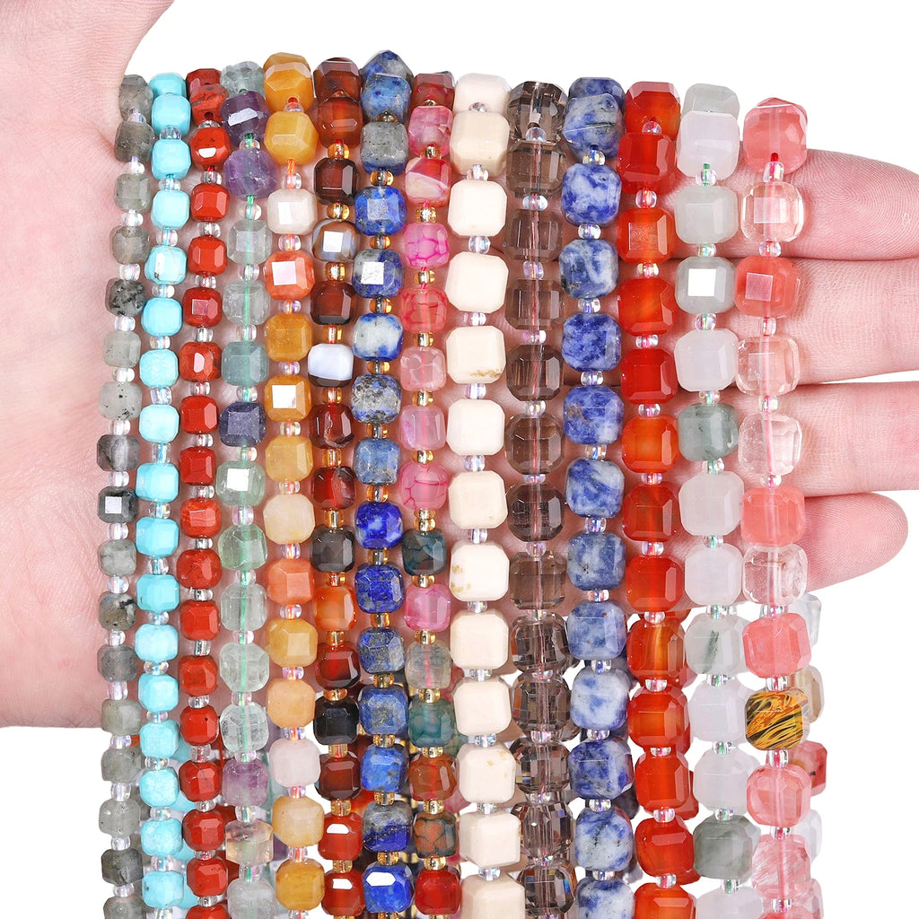 Stone Beads Faceted Cube Amazonite Jasper Quartz Styles for DIY Jewelry Making