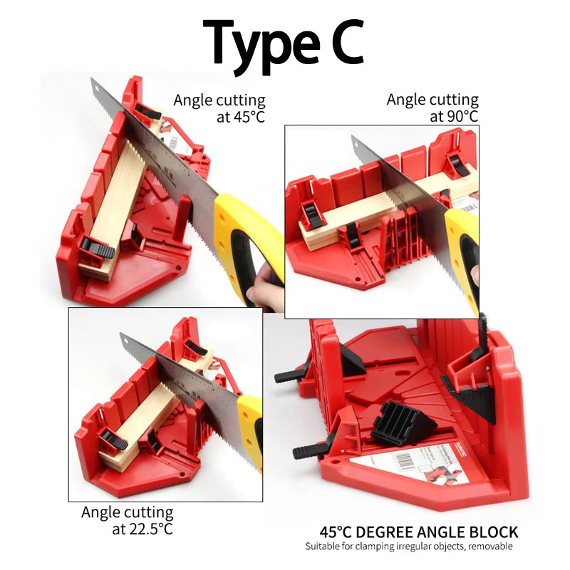 A product infographic showing a red angle cutting saw stand in four labeled views under the heading 'Type C'. The panels demonstrate angle cutting at 45°C, 90°C, and 22.
