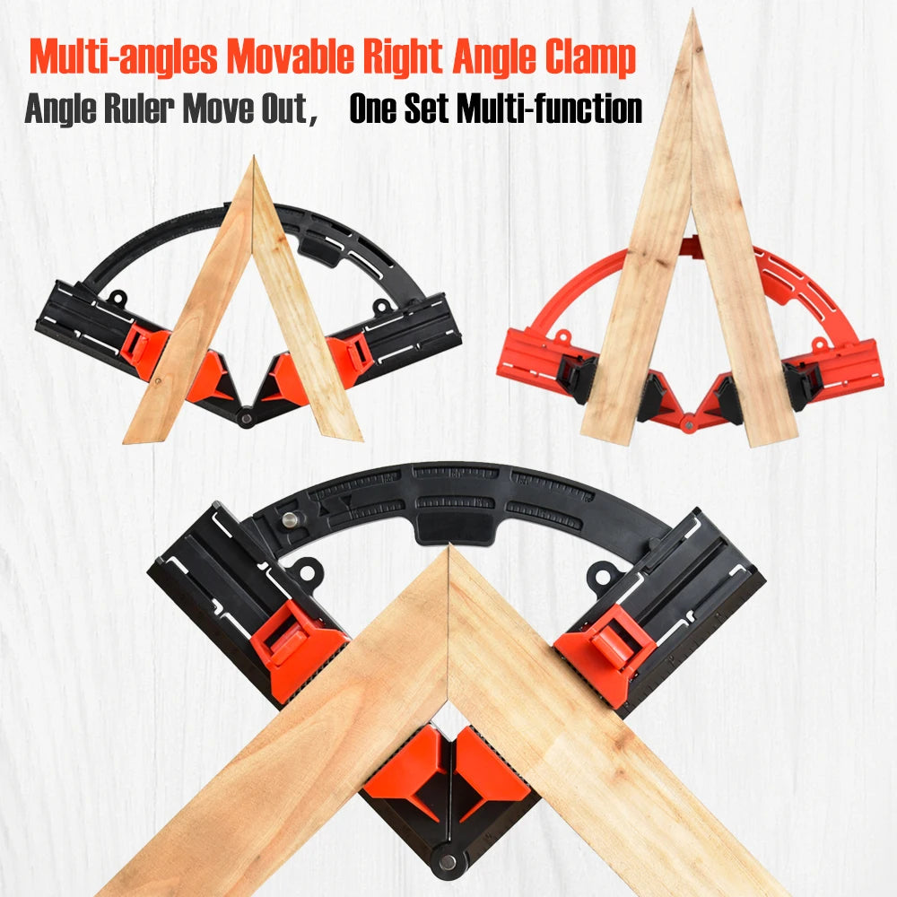 Three views of a multi-angle movable right angle clamp tool with wooden framing pieces inserted, shown on a light wood-textured background with promotional text at the top.