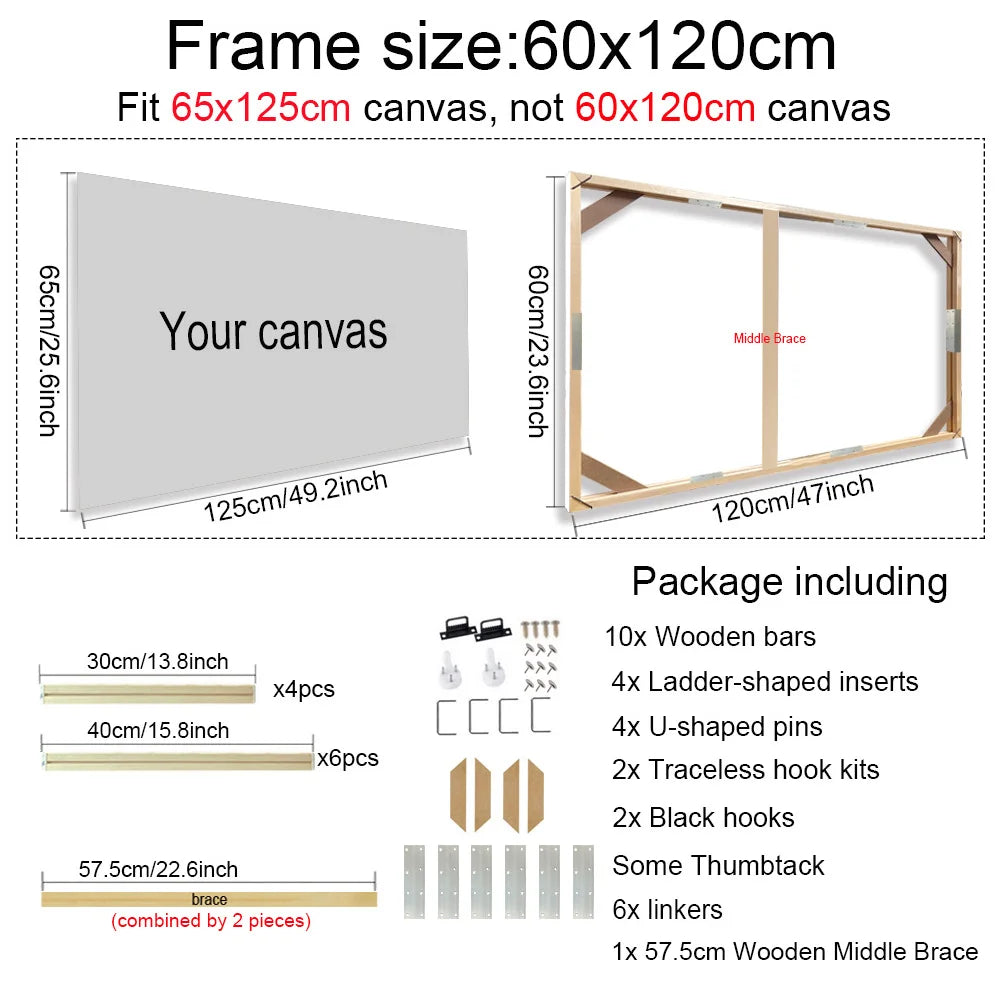Canvas frame size 60x120cm with dimensions and package contents listed.