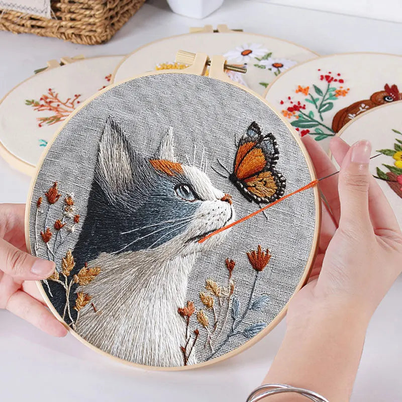 Embroidery Kit, Cat, Flowers & Butterfly Designs for Beginner Hoop Art