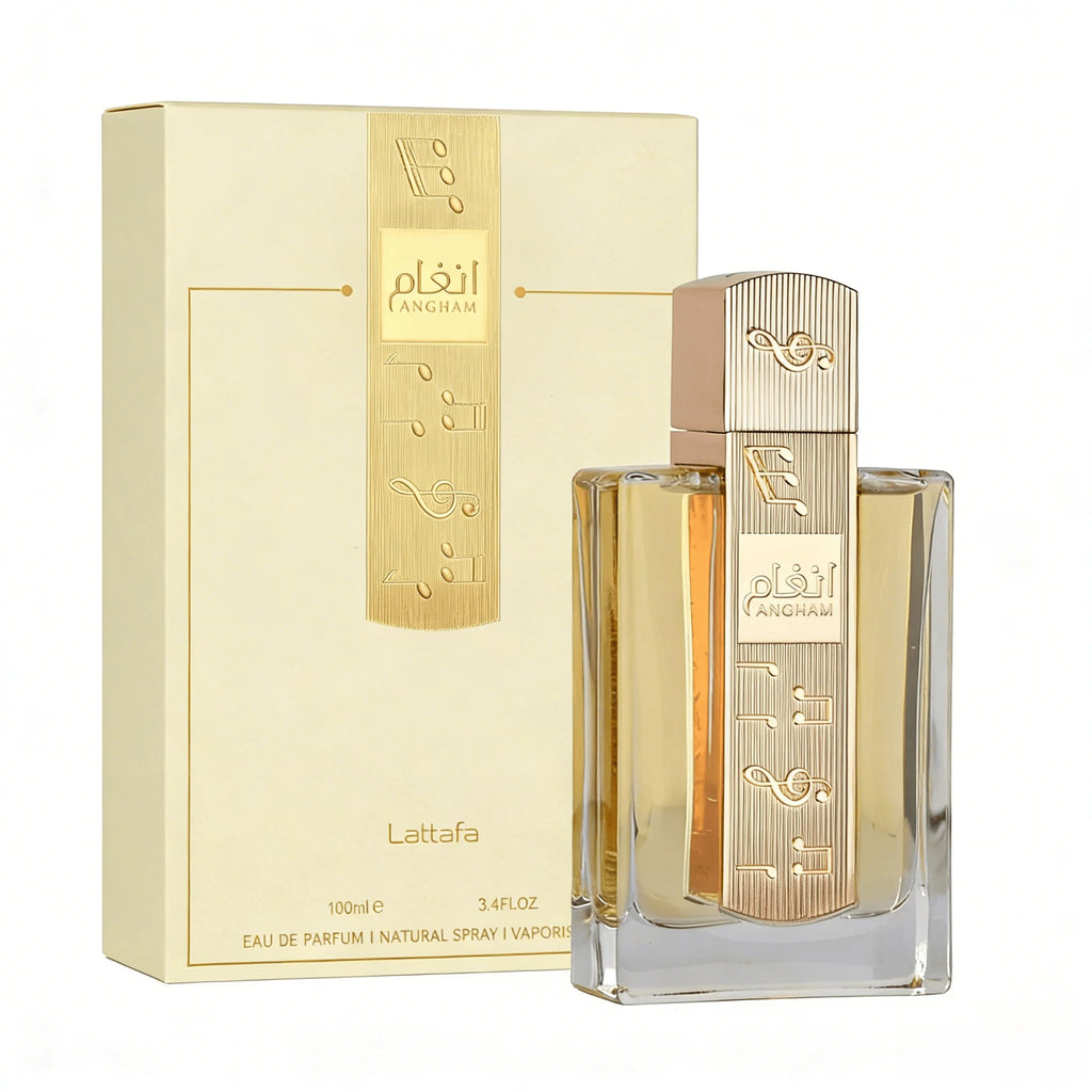 Lattafa Atfagh Eau de Parfum bottle and its matching cream-colored packaging box, both featuring gold Arabic calligraphy and branding on a white background.