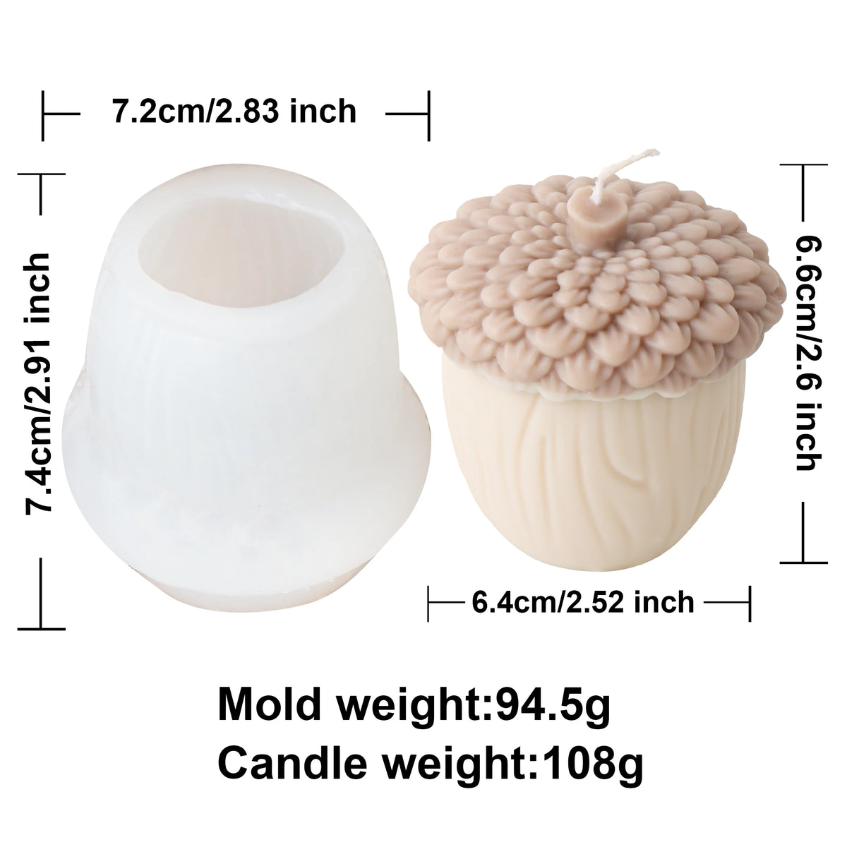 Silicone acorn mold shaped like a candle with measurements and weight details on a white background 