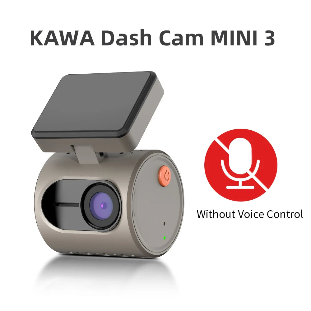 KAWA Dash Cam MINI 3 with microphone icon and text 'Without Voice Control' on a white background