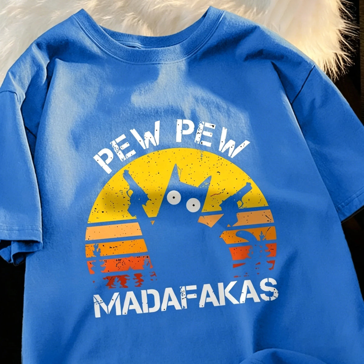 T-Shirt Unisex Pew Pew Madafakas Black Cat Retro Sunset Funny Graphic Tee