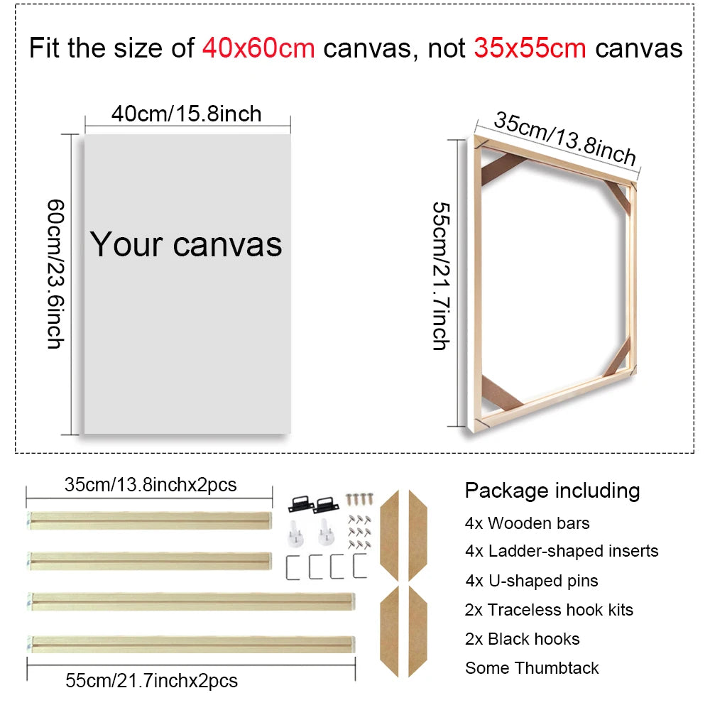 Canvas frame with dimensions and package contents on a white background