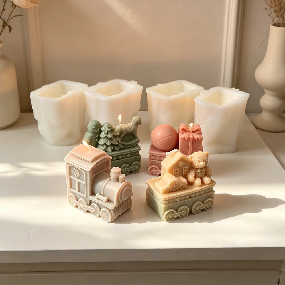 3D Christmas Train Silicone Candle Mold, 4 Carriages Bear Gingerbread Man Gift Box Design Soap Mold DIY Xmas Home Decor Gift