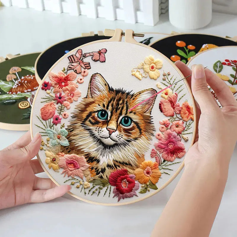 Embroidery Kit, Cats & Flowers for Handmade Needlework & Home Decor Gifts