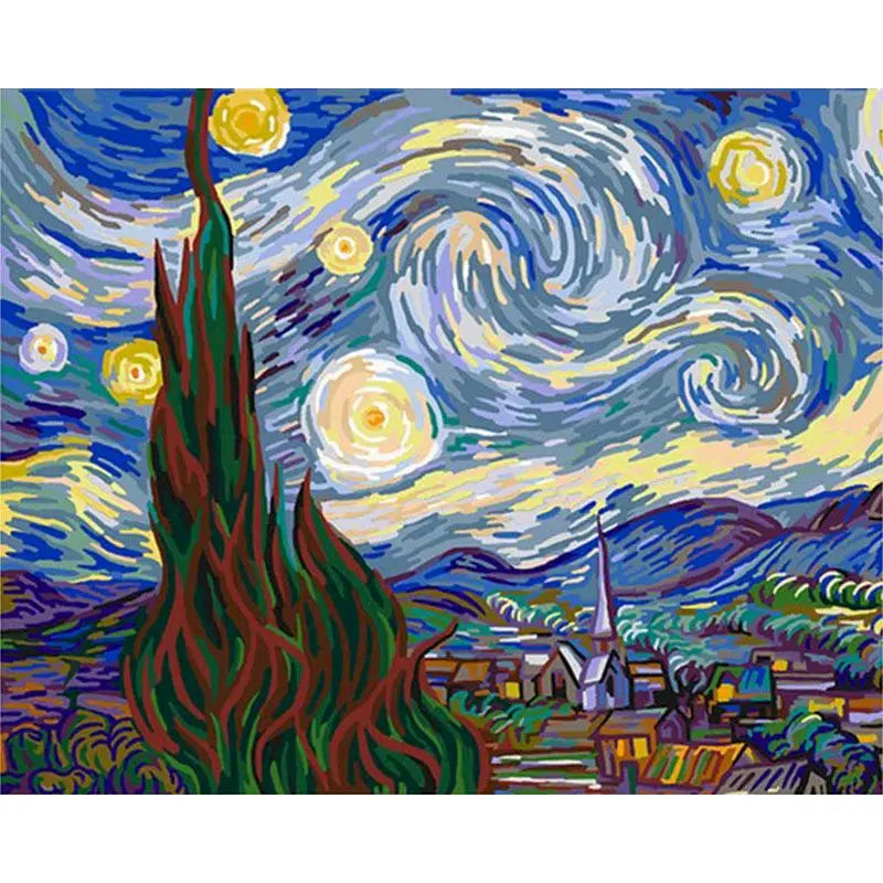 Stylized version of 'The Starry Night' with abstracted elements