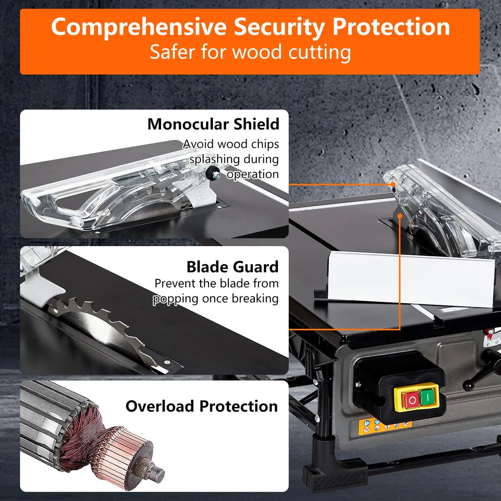 Wood cutting machine with security protection features on a dark background