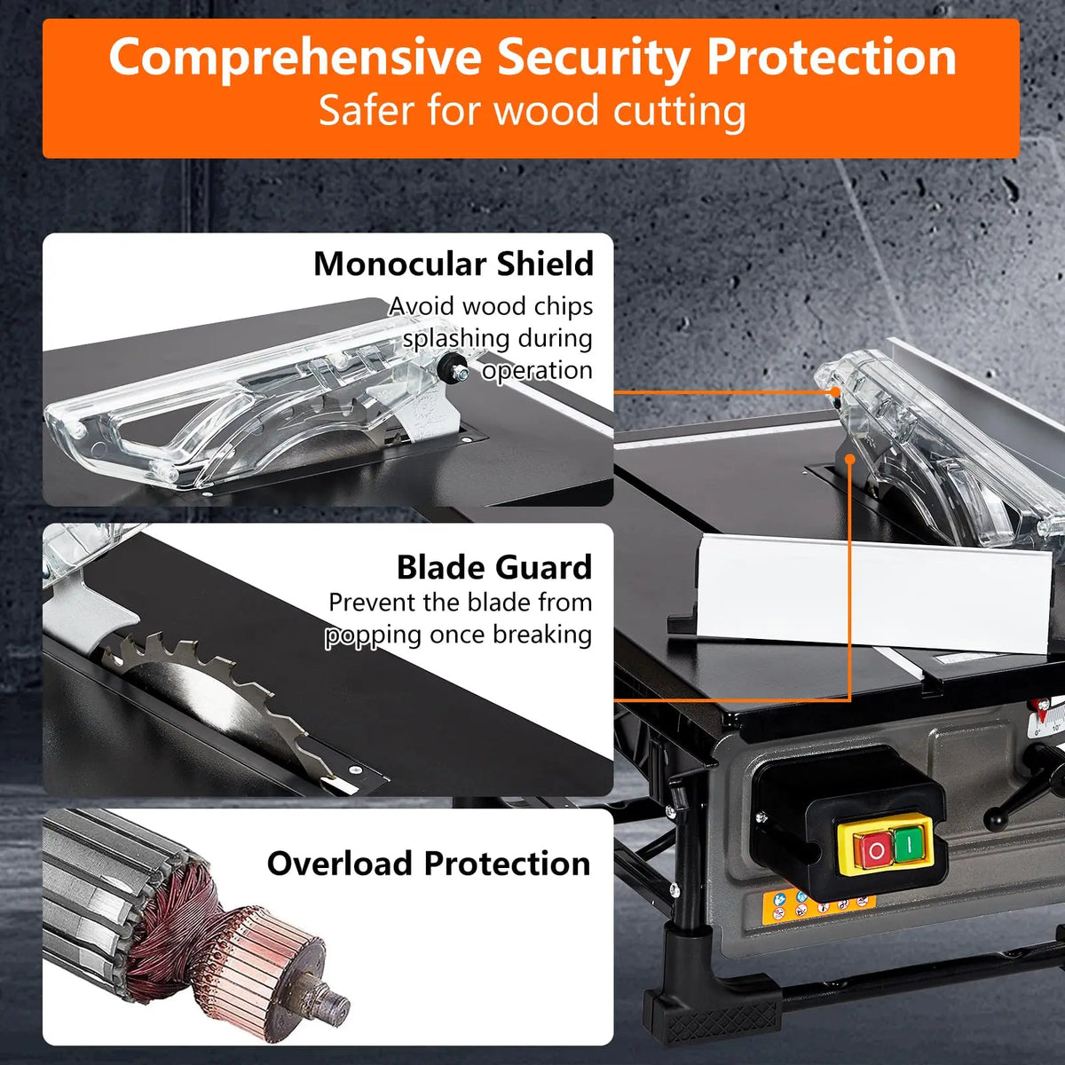 Wood cutting machine with security protection features on a dark background