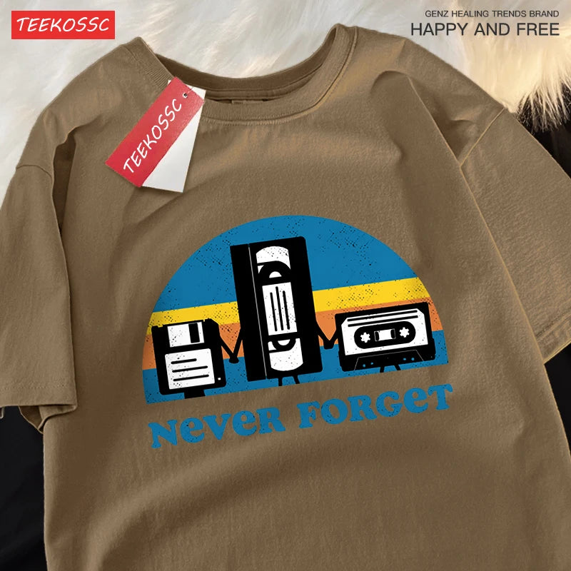 T-Shirt Unisex Never Forget Retro Tech Floppy VHS Cassette Vintage Graphic Tee