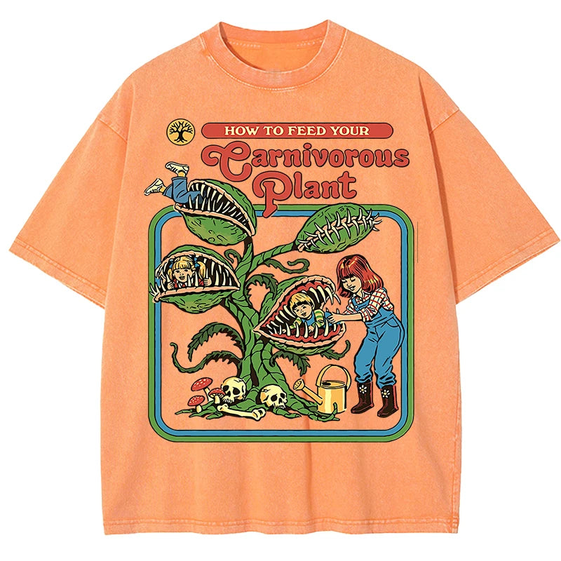 T-Shirt Unisex Carnivorous Plant Print Washed Cotton Crewneck Short Sleeve