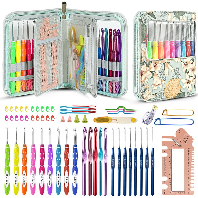 Crochet Hook Set with Animal Handles, Scissors & Craft Storage Bag
